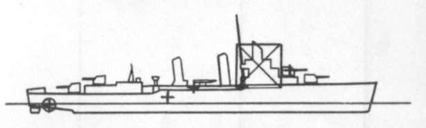 Diagram of LAFFEY (DD459) depicting damaged areas