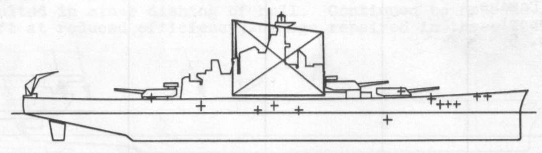 Diagram of SOUTH DAKOTA (BB57) depicting damaged areas