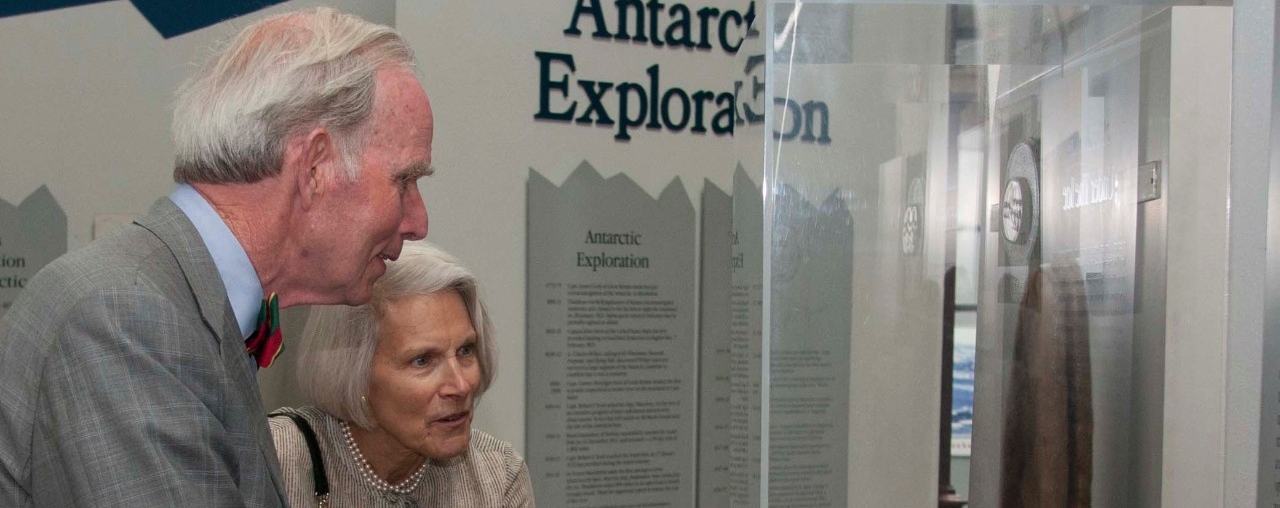 Grand-nephew of Adm. Richard Byrd, James Byrd, and his wife, Sharon Byrd, explore the National Museum of the United States Navy exhibit on Antarctic exploration.